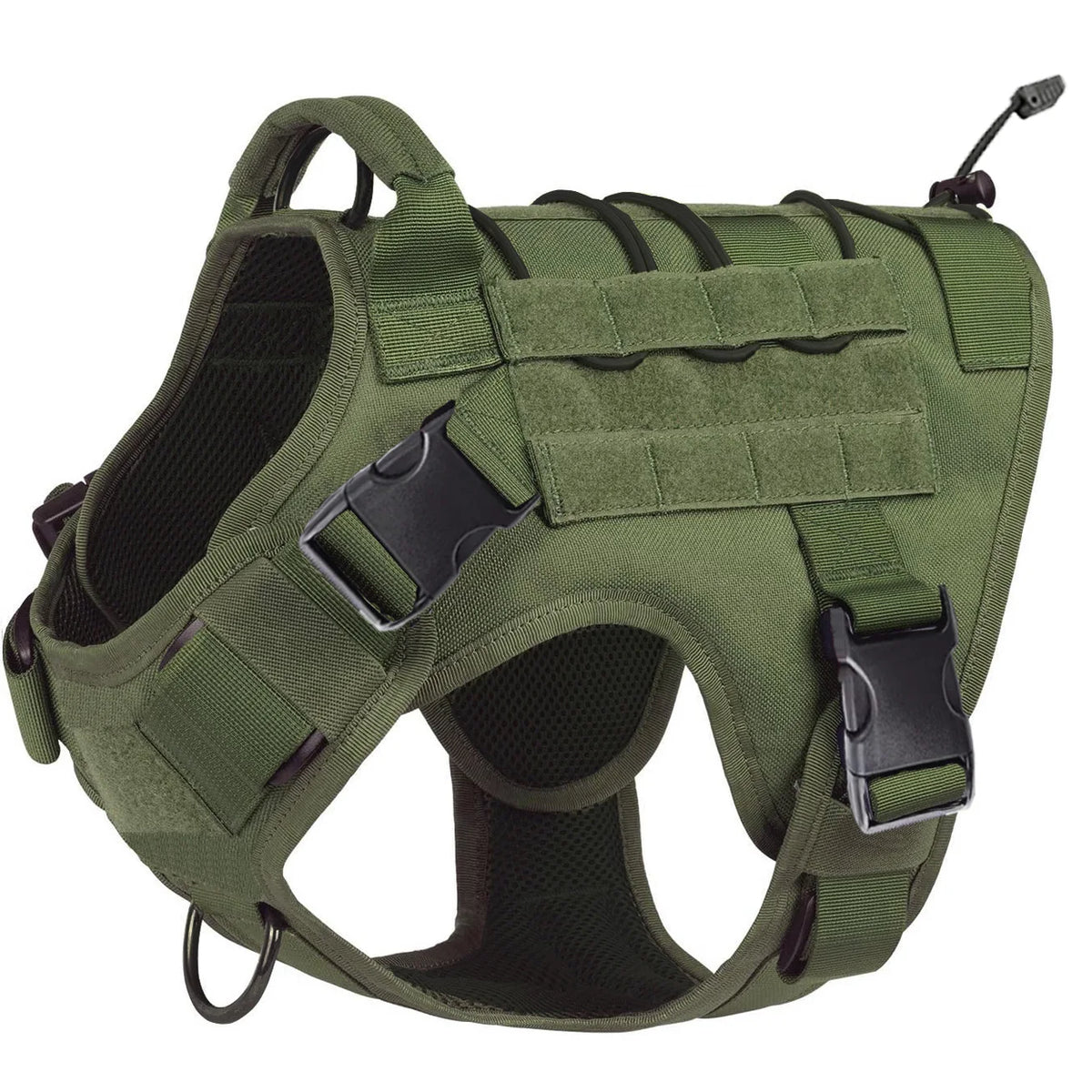 Army green tactical no-pull dog harness with top handle, MOLLE panels, and adjustable buckles on a white background.