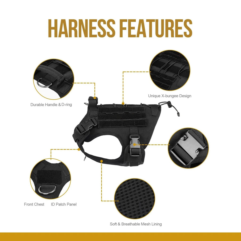 Infographic highlighting dog harness features: durable handle and D-ring, X-bungee design, ID patch panel, breathable mesh lining, and adjustable buckles.