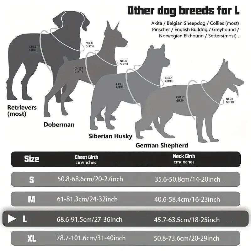 Dog harness size chart showing chest and neck girth measurements for sizes S, M, L, and XL across different dog breeds.