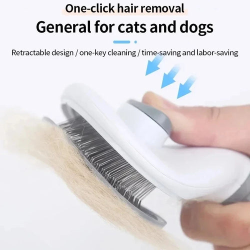 Hair removal brush for pets with text highlighting features on a white background