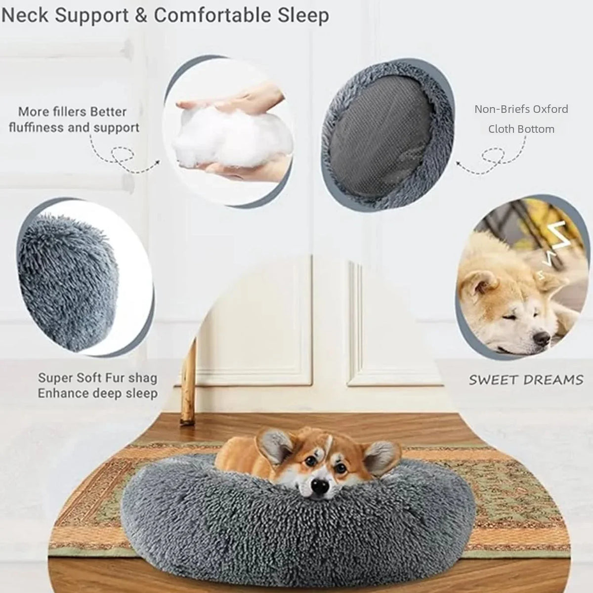 Dog lying on a gray pet bed with features highlighted on the left.