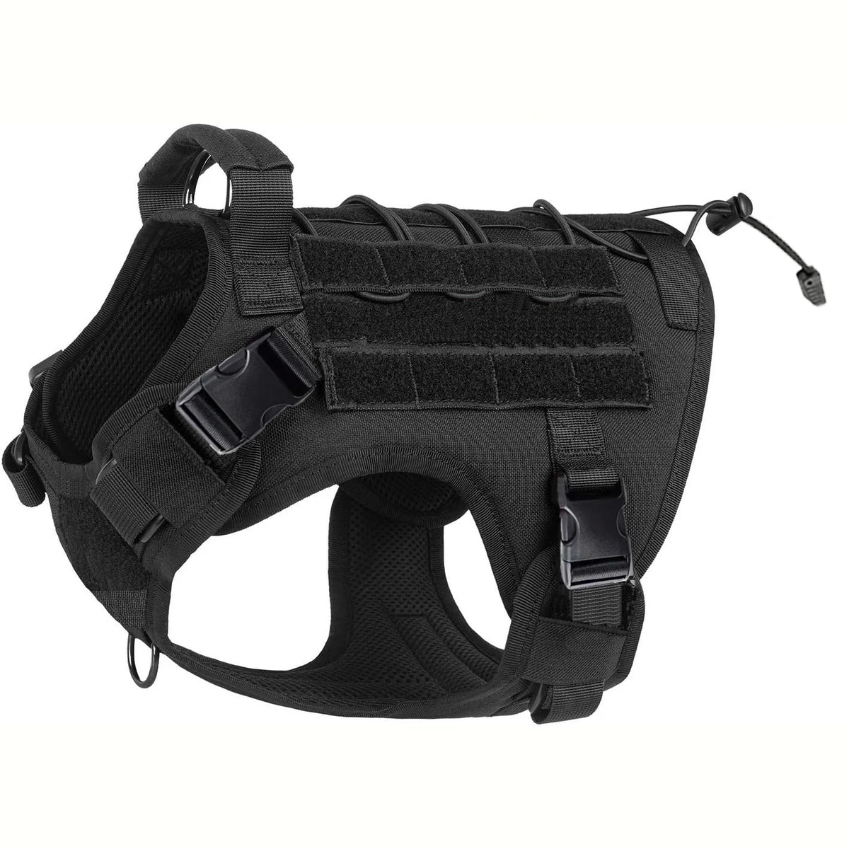 Black tactical no-pull dog harness with top handle, MOLLE panels, and adjustable buckles on a white background.