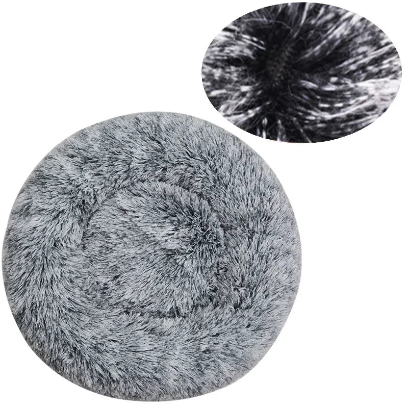 Round gray plush pet bed with close-up texture inset on a white background.