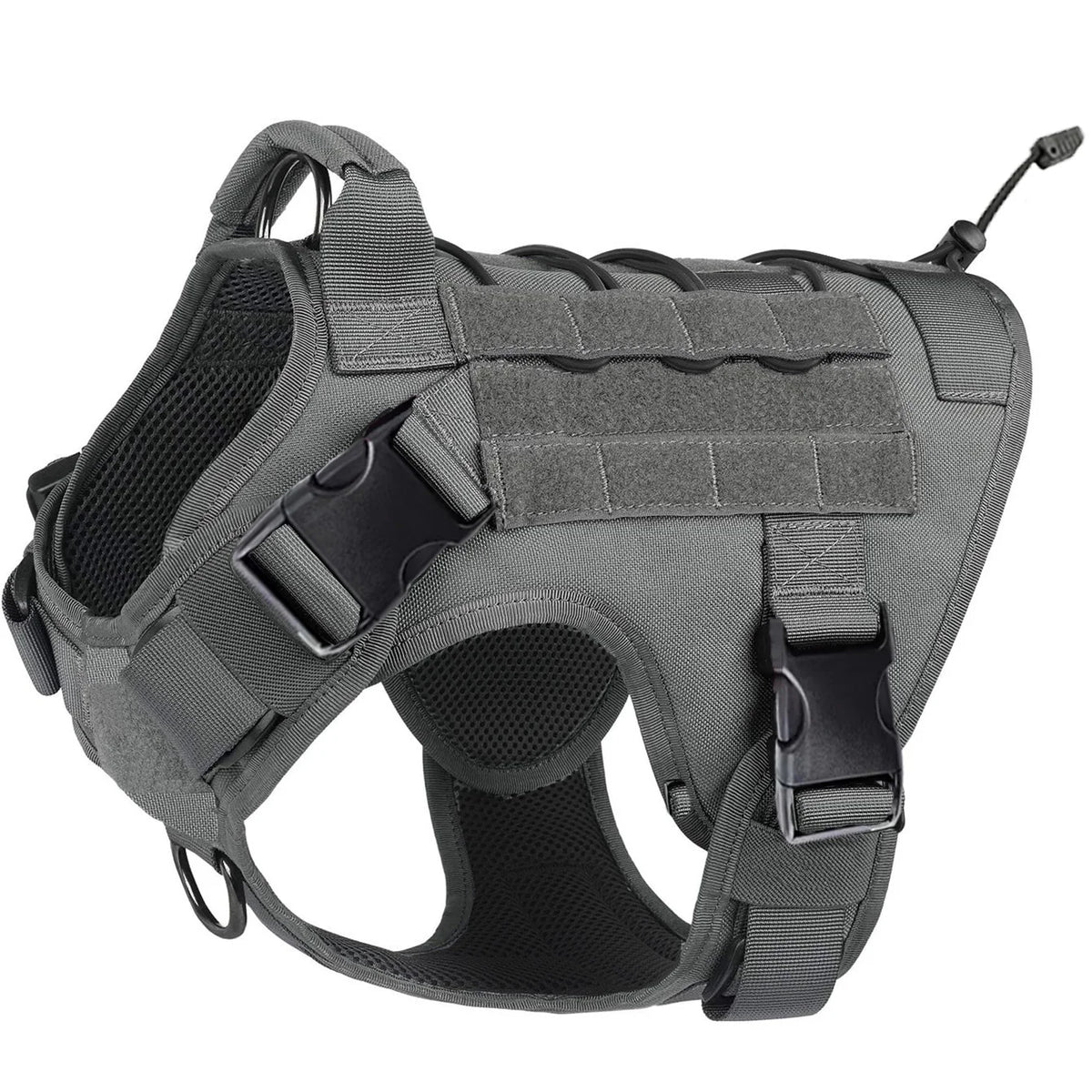 Gray tactical dog harness on a white background